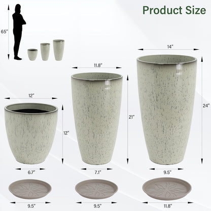 24/21/12 Inch Large Plastic Planter, Lightweight Ceramic-Look Large Flower Pots with Drain Hole & Saucers, Plastic Outdoor Planters for Garden, Patio, Balcony(Glaze White)