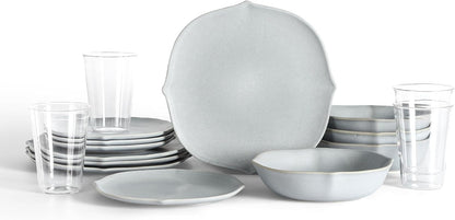 Stone Lain Baskerville 32-Piece Dinnerware Set Stoneware, Borosilicate Glass, Light Blue
