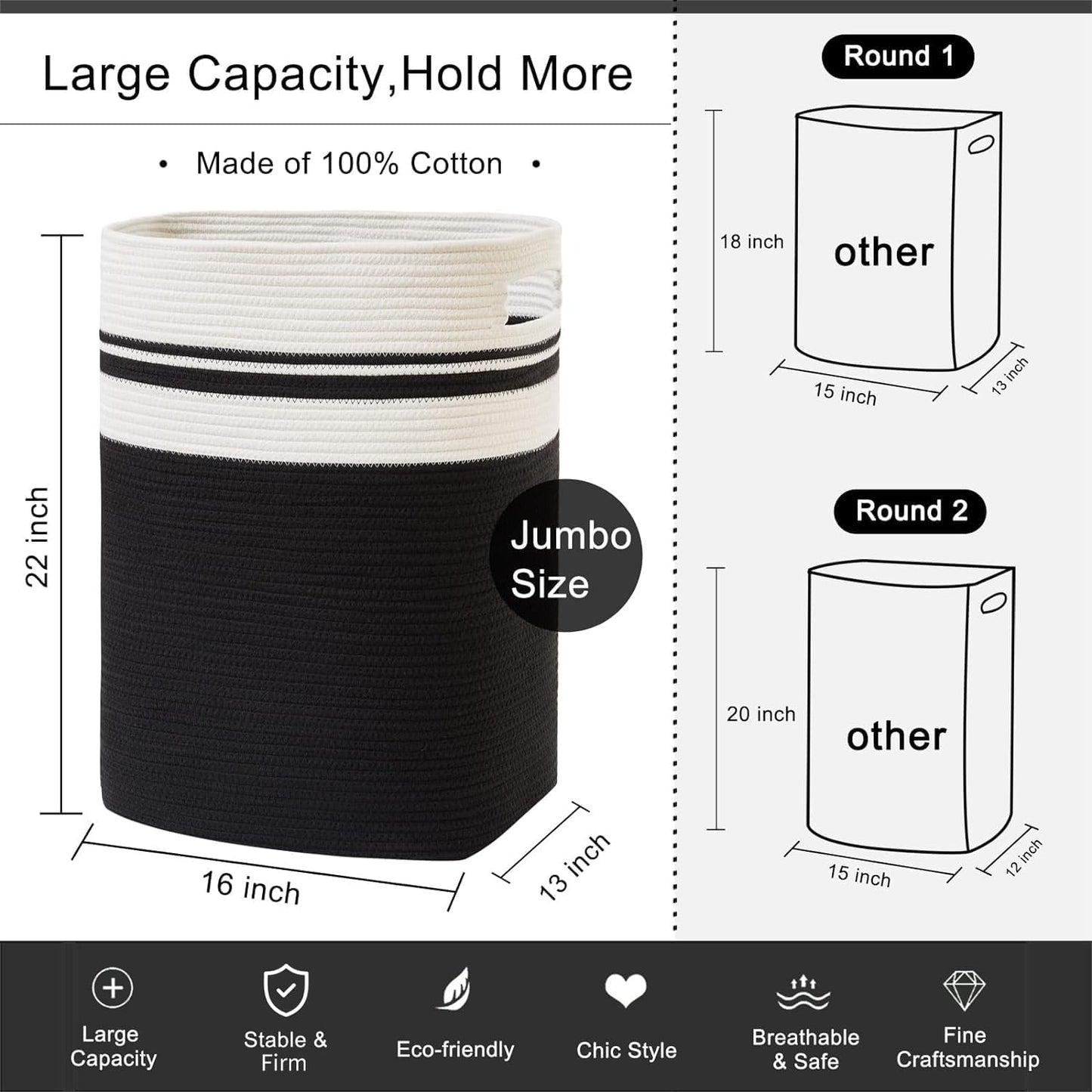 OIAHOMY Laundry Hamper-Laundry Basket,Tall Cotton Storage Basket with Handles,Decorative Blanket Basket for Living room,Collapsible Large Basket for Toys,Pillows,Clothes Organizer-16x13x22in-Black