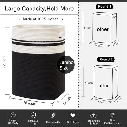 OIAHOMY Laundry Hamper-Laundry Basket,Tall Cotton Storage Basket with Handles,Decorative Blanket Basket for Living room,Collapsible Large Basket for Toys,Pillows,Clothes Organizer-16x13x22in-Black