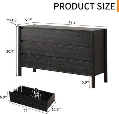 Dresser for Bedroom with 6 Drawers,47" Wide Oak Dresser with 4 Solid Wood Legs, Wooden TV Stand,Closet Clothes Organizer for Bedroom, Hallway