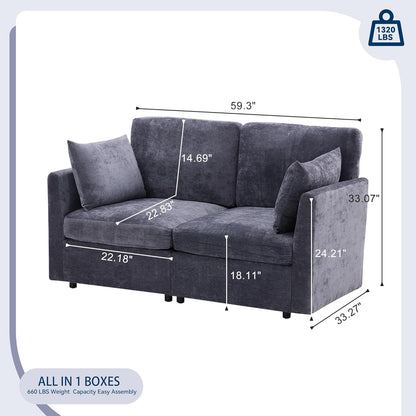 Tbfit 59" Loveseat Sofa, Chenille Small Sofa Couch, Love Seat with 2 Pillows for Small Space, Bedroom & Living Room, Grey