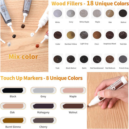 Wood Floor Scratch Repair - Set of 39 - Hardwood Floor Repair Kit Wood Filler Putty, Wood Markers Furniture Repair Kit Touch Up Pens for Scratch Stain Hole, Restore Laminate Vinyl Veneer Cabinet