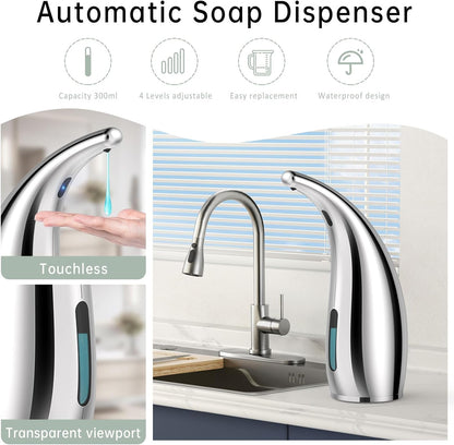 Automatic Liquid Soap Dispenser,300ML Touchless 4 Gear Adjustable,Countertop Electric Battery Operated Silver Hand Soap Dispenser with Sensor for Bathroom,Kitchen,Office