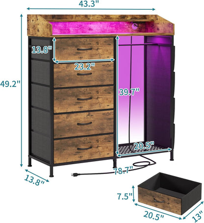 LUMTOK 2-in-1 Dresser with Hanging Racks,5 Fabric Drawers Dressers with LED Lights, Charging Station for Bedroom Living Room, Entryway, Closets (Rustic Brown)
