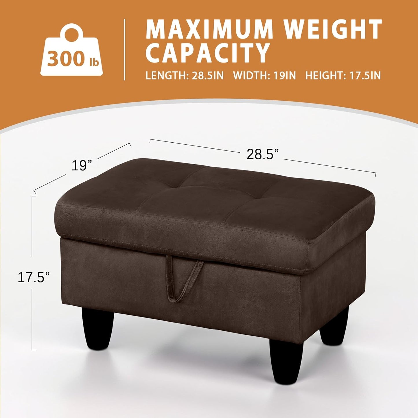 Ottoman Rectangular Storage Ottoman Bench, Flannel Footrest Stool Footstool with Lid for Living Room, Bedroom, Entryway, Coffee, 28.5"x19"x17.5"