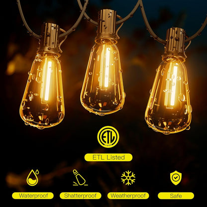 OHLUX Bistro String Lights Outdoor, 60FT Deck Lights with 32 Shatterproof ST38 Vintage Edison Bulbs, 2200K Warm Dimmable Connectable LED Light String for Outside Porch Yard Gazebos Balcony Garden