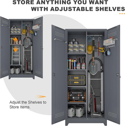 Metal Tool Storage Cabinet, Broom Closet with Hooks, 72.8" Tall Garage Cabinet with Shelves, Heavy-Duty Cleaning Storage for Utility Room, Gym, Office, Garage