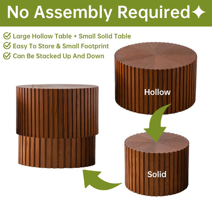 Round Nesting Coffee Table, Drum Wood Coffee Table Set of 2 Brown, Modern Fluted Nesting Tables Circle Center Table 2 Piece for Small Spaces Living Room Bedroom Balcony Office, No Assembling