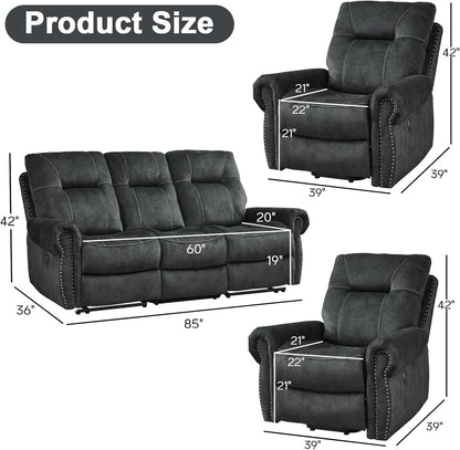 EBELLO 3 Pieces Reclining Couch Furniture Set for Living Room, Double 1 Seat Power Recliner Chair with Massage and Heat, a 3 Seater Manual Sofa, Vintage Rivet Mid-Century Design, Grey