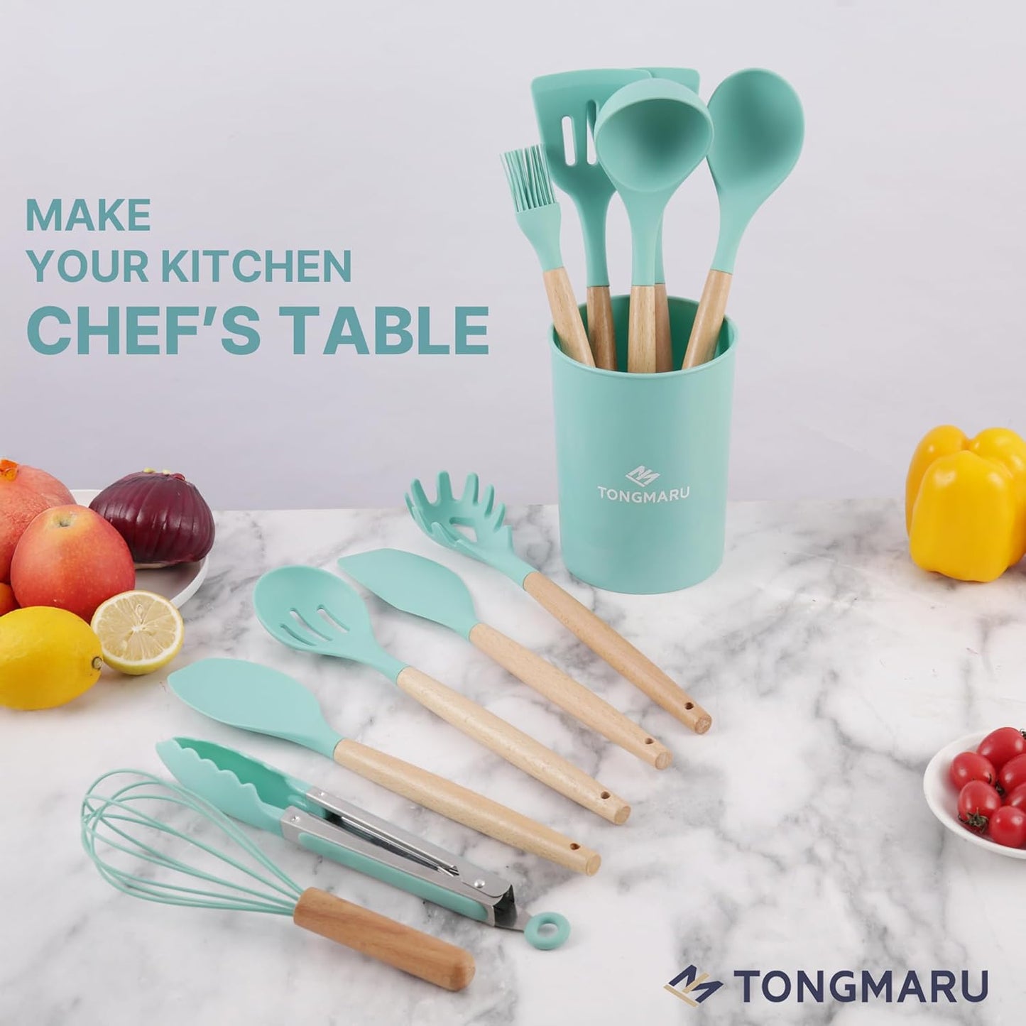 Silicone Cooking Utensils Set, Premium Beech Wood Handle Kitchen Gadgets Utensil Set, Non-Stick Kitchen Utensils Spatula, Tongs, Turner, Whisk, Brush, Spoon, BPA FREE, 446°F Resistant (Mint)