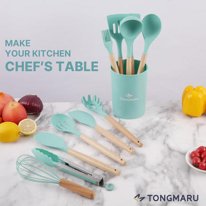Silicone Cooking Utensils Set, Premium Beech Wood Handle Kitchen Gadgets Utensil Set, Non-Stick Kitchen Utensils Spatula, Tongs, Turner, Whisk, Brush, Spoon, BPA FREE, 446°F Resistant (Mint)
