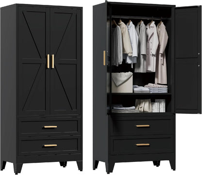 71'' Farmhouse Metal Wardrobe Cabinet with Hanging Rod, 2 Barn Door Wardrobe Closet with Adjustable Shelves,2 Drawer,for Dining Room,Bedroom,Living Room, Cloak Room,Office (Black)