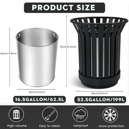 16Gallon/62L Commercial Outdoor & Indoor Metal Trash Can, Outdoor Slatted Trash Receptacle with Metal Linner, All Weather Resistant Large Outside Zone Round Garbage Bin for Street, Park, School-Black