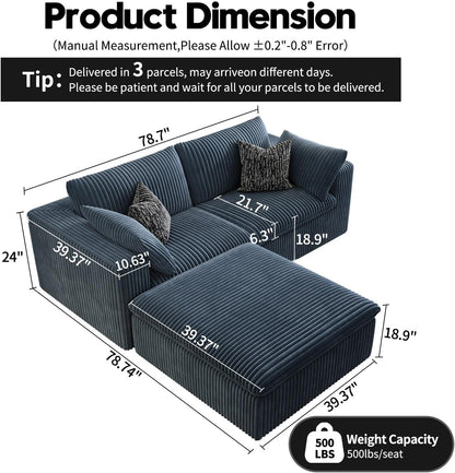 LoveSeat Cloud Couch Modular Sectional Sofa for Living Room,Modern Sofa with Deep Seat，2 Seater Boneless Couch with Ottoman,Comfy Upholstered Couches for Apartment, Studio, Office,Bedroom，Blue