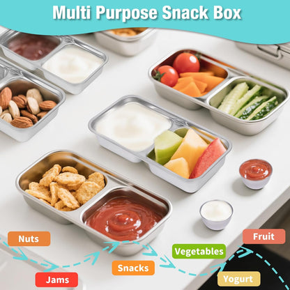 6 Pack Stainless Steel Snack Containers with Lids, 2-Compartment Bento Box, Lunch Box & Salad Dressing Container To Go, Leakproof Food Storage for Adults, Dishwasher Safe for Travel Office