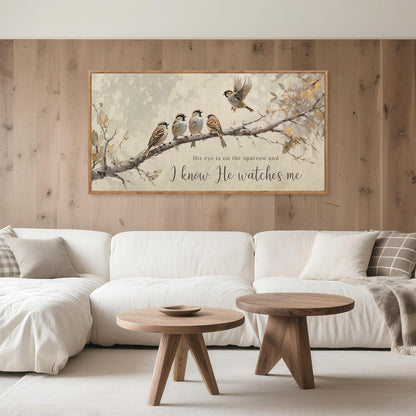 Aurlan His Eye is on the Sparrow Christian Wall Art Framed(40"x20"), Vintage Neutral Birds on Tree Branch Nature Canvas Artwork, Religious Faith Gift Bible Verse Scripture Print Decor for Home Office Bedroom