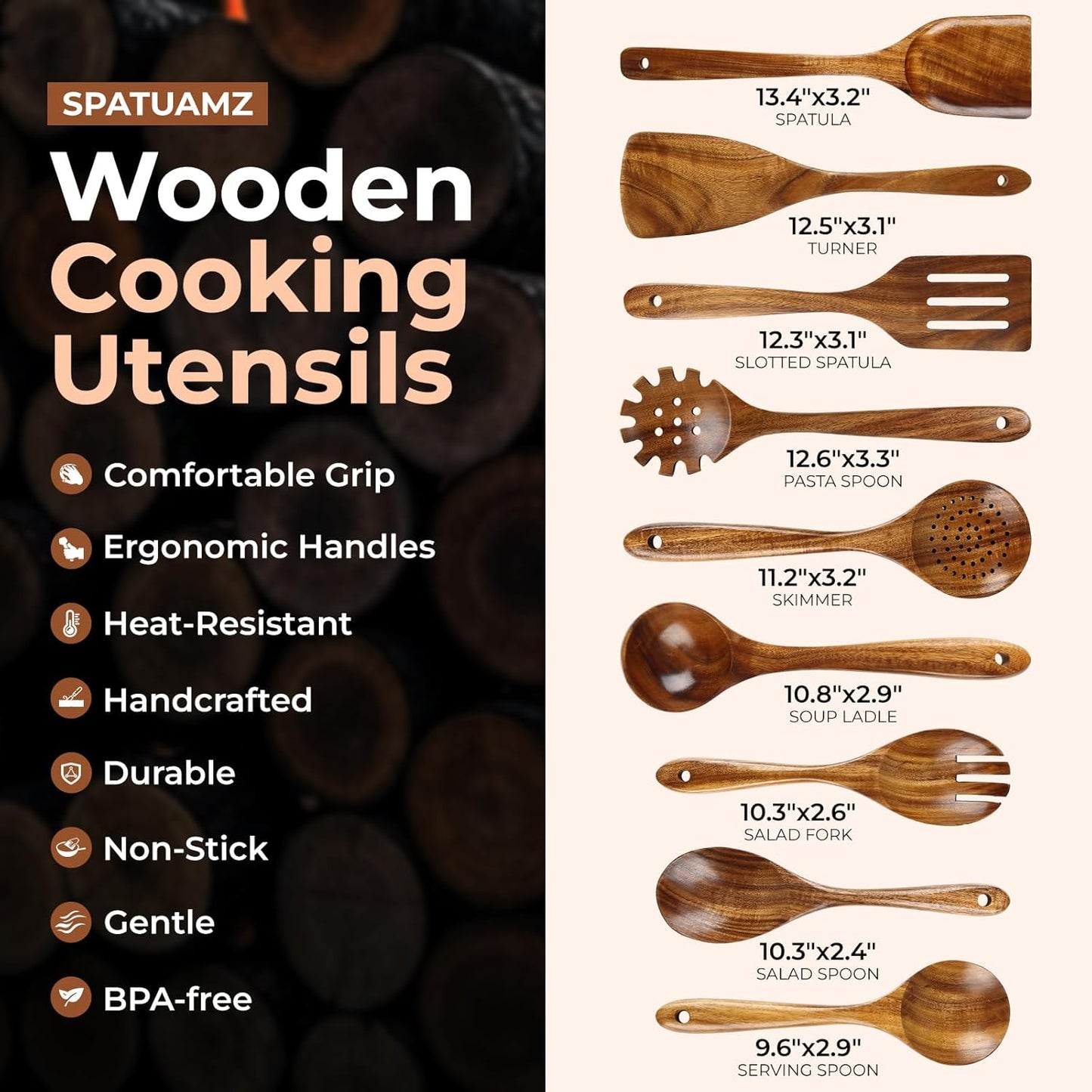 SPATUAMZ Natural Kitchen Utensils Set Wooden, Teak Wooden Spoons for Cooking, Wooden Utensils Set of 9 for Any Kitchen