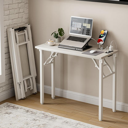 Frylr Small Folding Computer Desk – 35.8 Inch Portable Table for Craft and Study, Lightweight Desk for Small Spaces, Foldable Laptop Table Built-in AC/USB Outlets for Convenience, White Ash