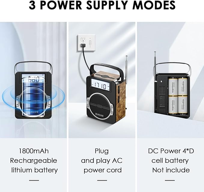 Radio Portable AM FM Digital Radios Clock Radio with Bluetooth 5 Watts Loud Speaker Rechargeable AM FM Radios Plug in Wall Battery Operated Best Reception for Home Outdoor Great Retro