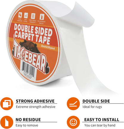 TAPEBEAR Double Sided Carpet Tape 2Inch x 20Yards, Heavy Duty Rug Tape Residue-Free Carpet Gripper for Area Rugs, Wood, Floor, Multipurpose Gripper Non Slip Tape, White