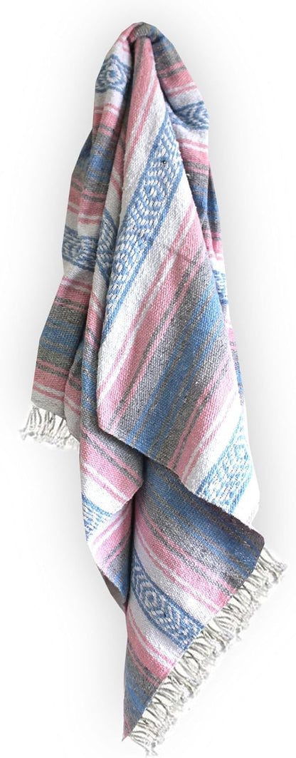 Del Mex Classic Mexican Blanket, Large Authentic Woven Falsa Throw (70"x50"), Artisan Southwest Décor for Beach, Yoga, Outdoors (Light Pink/Blue)