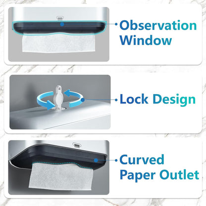 Trifold Hand Towel Dispenser for Bathroom - C Fold Paper Towel Dispenser Wall Mount with No-Hole Adhesive Installation, Compact 200 Sheets Large Capacity for Home, Apartment & RV