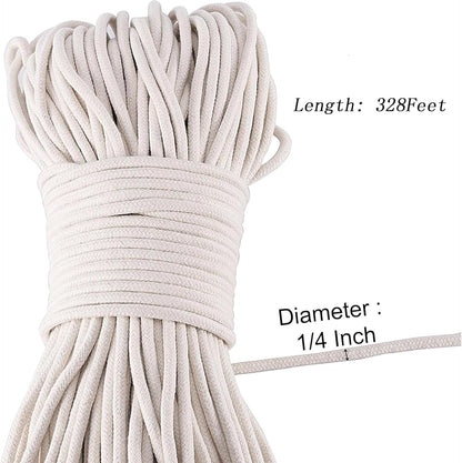 ZOENHOU Cotton Rope, 328 Feet, White, Natural, Clothesline, Strong, Laundry Line, DIY Crafts, Art Projects, Garden Decor