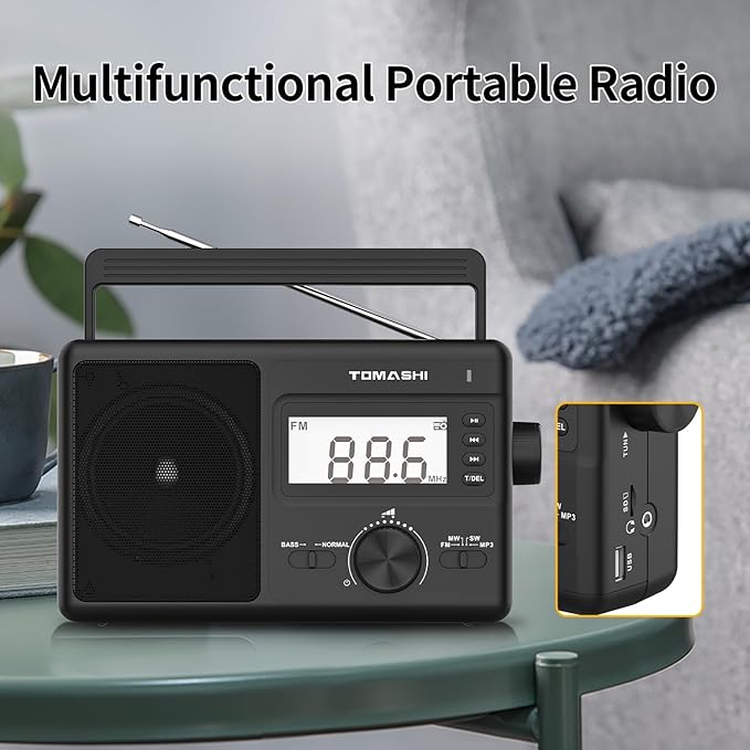 Portable AM/FM/SW 3 Band Radio, AM FM Radio with Clock, Battery Operated, Micro SD/USB for MP3/WMA Playback, LCD Display, ATS Function
