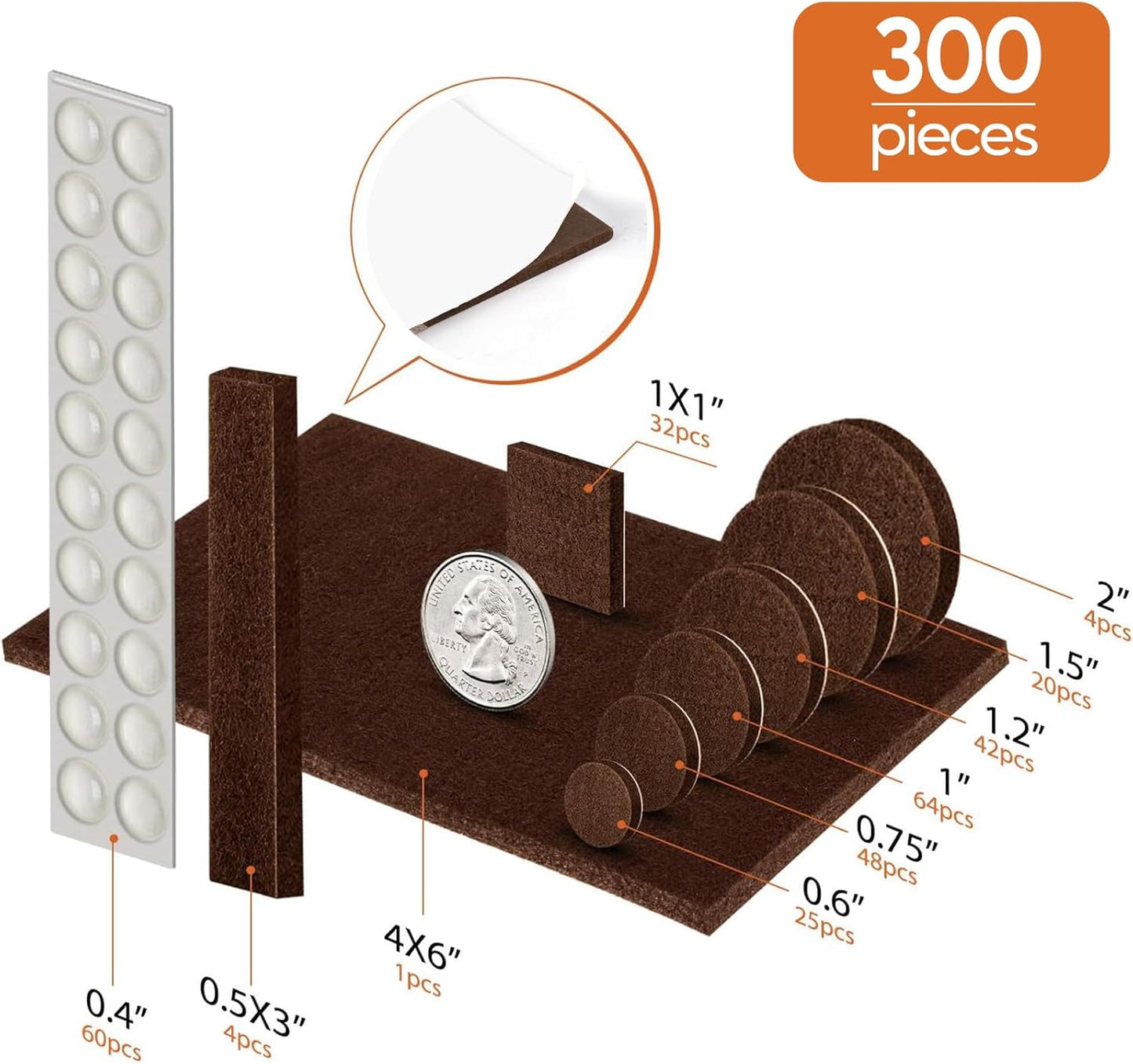 Furniture Pads Felt Pads 300 Pieces Huge Pack Furniture Felt Pads, Self Adhesive Anti Scratch Floor Protectors for Furniture on Hardwood Tile Floor, with 60 Cabinet Door Bumpers, Brown