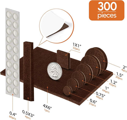 Furniture Pads Felt Pads 300 Pieces Huge Pack Furniture Felt Pads, Self Adhesive Anti Scratch Floor Protectors for Furniture on Hardwood Tile Floor, with 60 Cabinet Door Bumpers, Brown