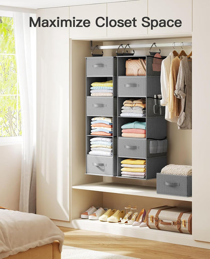 Pipishell Hanging Closet Organizer 6-Shelf, Hanging Shelves for Closet with 3 Removable Drawers & Side Pockets for Bedroom or Garment Rack, 12' x 12' x 43.3', Dark Gray
