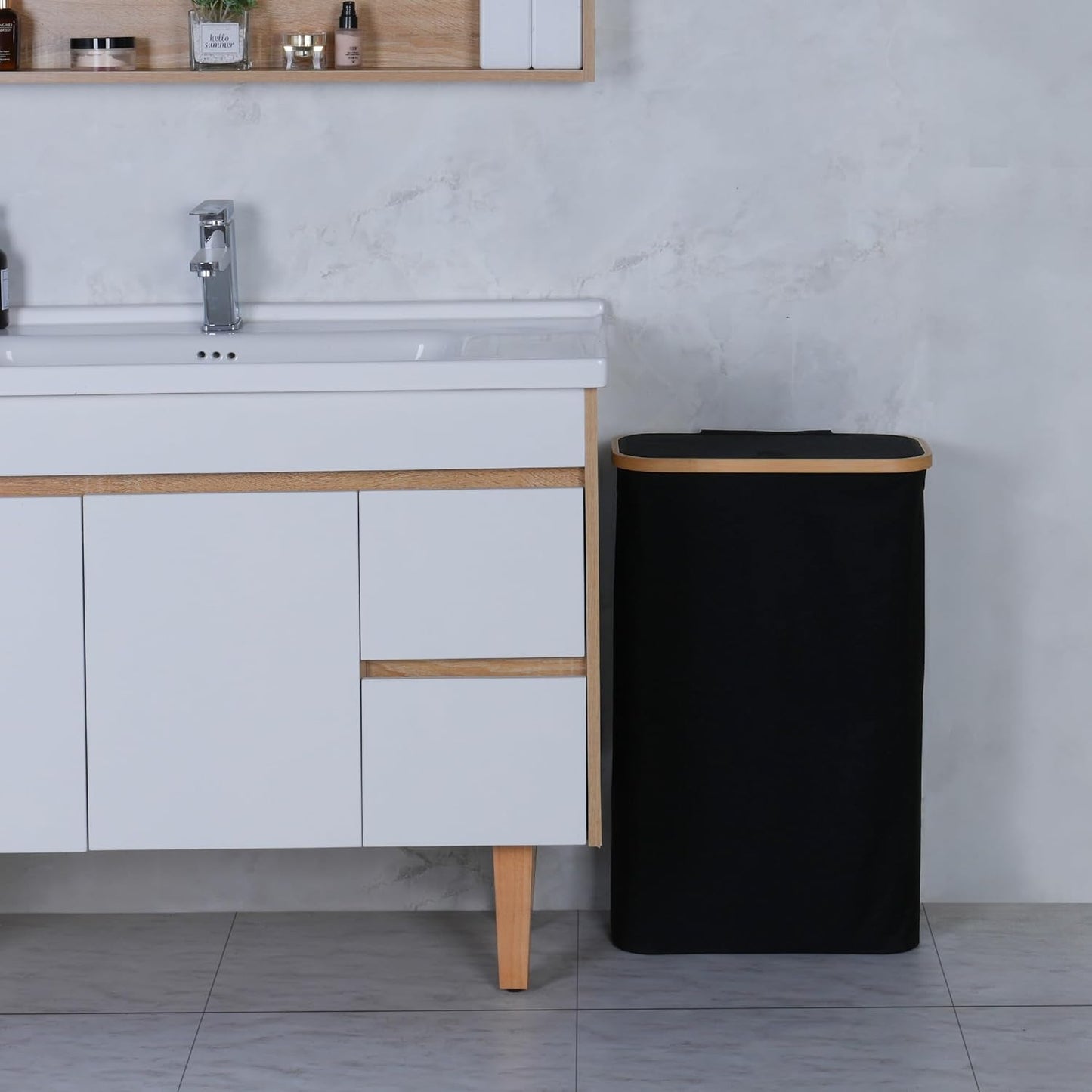 60L Slim Laundry Hamper,Laundry Basket with Lid,Tall Hamper for Laundry,Dirty Cloth Hamper with Bamboo Handle for Toys,Towels, Clothes Organizing,Black