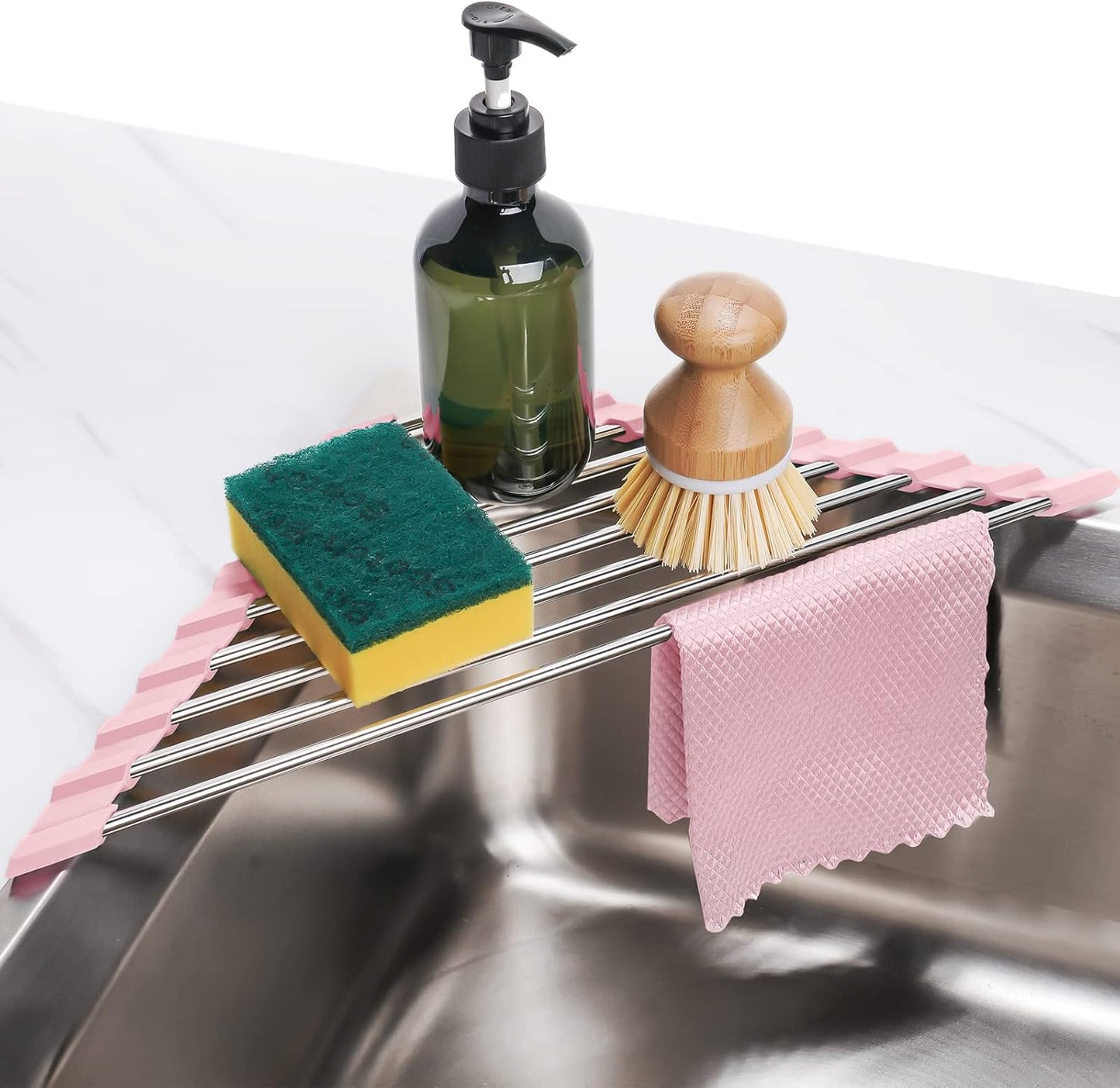 Tomorotec Triangle Foldable Dish Drying Rack, Small Roll-Up Stainless Steel Over Sink Drainer for Kitchen Sink Corner, Rustproof Multipurpose Organizer(Pink)