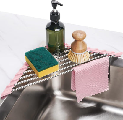 Tomorotec Triangle Foldable Dish Drying Rack, Small Roll-Up Stainless Steel Over Sink Drainer for Kitchen Sink Corner, Rustproof Multipurpose Organizer(Pink)