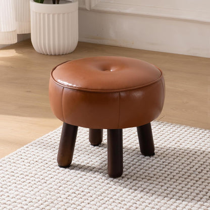 Small Foot Stool, Round Faux Leather Pouf Ottoman Foot Rest, Footstool Ottomans with Rubber Legs Under Desk, 13''L x 13''W x 10.2''H, Footrest for Couch, Living Room, Bedroom, Hallway, Brown