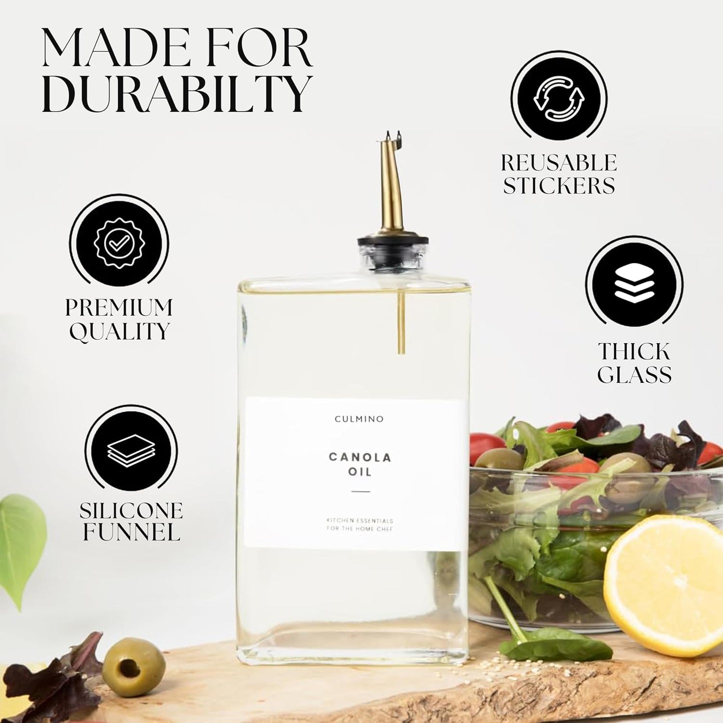 Premium Glass Olive Oil Dispenser Bottle 350ml | Cooking Oil and Vinegar Dispenser Set of 2 | Oil Dispenser for Kitchen with 2 Gold Pourers, Funnel, Brush & 36 Labels