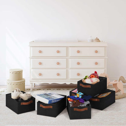 GhvyenntteS Small Fabric Storage Bins 6 Pack, 11.8" x 7.87" x 5.11" Storage Basket with Leather Handles, Closet Storage Bins for Shelves, Storage Baskets for Shelves, DVD Storage (Black)