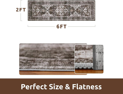 AMOAMI-2X6 Runner Rug-Washable Runners for Hallways-Soft Non Slip Bedside Rugs for Bedroom-Vintage Long Rug for Hallways Entryway Laundry Room Stair Kitchen Bathroom Brick/Brown