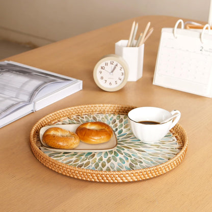 Round Rattan Tray with Mother of Pearl Inlay & Wooden Base - Decorative Wicker Serving Tray for Coffee/Bread/Fruits, Food Storage & Display - Multipurpose Home Decor (L,Colorful Leaves)