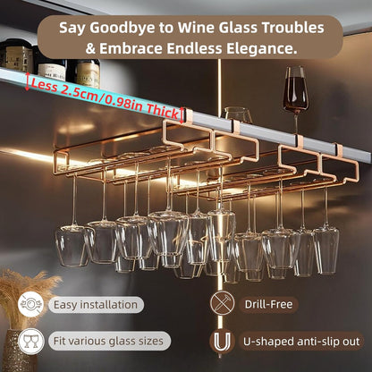 LINFIDITE 2 Pack Under Cabinet Wine Glass Rack Rose Gold Wine Glass Holder Stemware Rack Hanger Kitchen Hanging Storage Rack Organizer