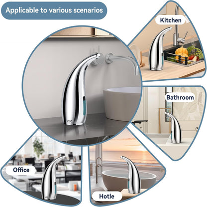 Automatic Soap Dispenser with Infrared Sensor - Adjustable 4-Level Touchless Hand Soap for Kitchen, Bathroom - Battery Operated Electric Dispenser, Durable Plastic, Smart Soap Holder (Silver)