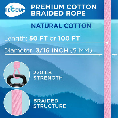 TECEUM Cotton Rope 3/16” (5 mm) – 50 FT – Strong All-Purpose Braided Rope – Natural Cotton – for Crafting, Сamping, Clothes Line, DIY, Indoor & Outdoor Use – Pink