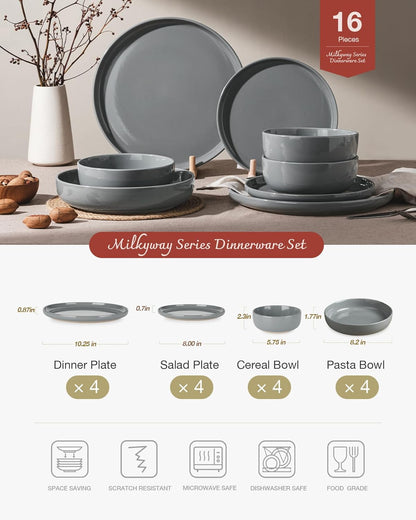 Famiware Milkyway Stoneware Dinnerware Sets with Pasta Bowls, Service for 4 (16 Pieces), Plates and Bowls Sets -Scratch Resistant, Microwave and Dishwasher Safe Dishes Set, Dark Gray