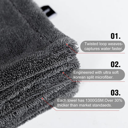 2 Pack XL Car Drying Towel – 1300GSM Ultra Absorbent Microfiber, 24"x36" Large Size, Twisted Loop, Lint-Free & Streak-Free for Auto Detailing, Car, SUV, Truck (Gray-Gray)