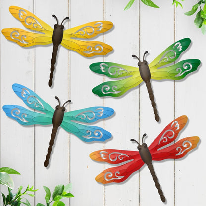 Metal Dragonfly Wall Decor, 4 Pack 14inch Metal Dragonfly Wall Hanging Sculpture Decor for Outdoor, Yard Patio Fence Garden Outside Decorations