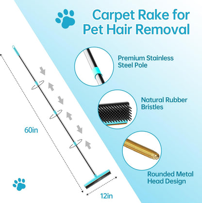 Carpet Rake for Pet Hair Removal (3 Pack),Dog Cat Fur Remover Rubber Broom,Carpet Rake - 60" Long Handle Lint Shaver Cleaner Tools,Scraper Brush for Carpet,Rug,Car Mat,Couch,Pet Bed,Furniture