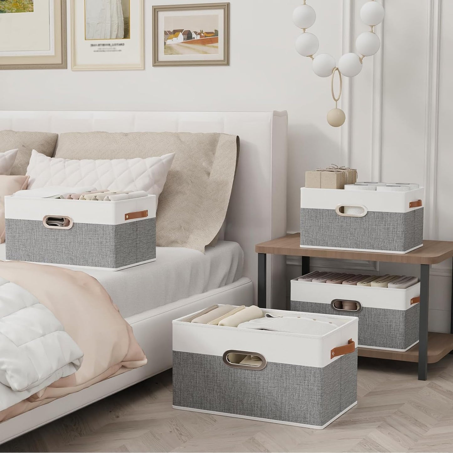 Yawinhe Fabric Storage Baskets, Foldable Closet Organizer for Shelves, Large Boxes with 3 Handles, Canvas Bins for Clothes, White/Grey, 12.99''Lx9.05''Wx7.87''H, 4-Pack