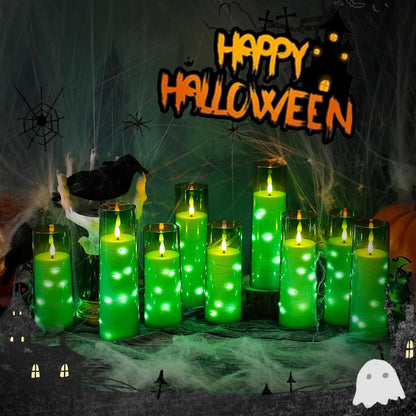 Flickering Flameless LED Candles,Battery Operated Candles 9 Pcs with Embedded Star String,Acrylic LED Pillar Candles with Remote,Suitable for Home Decoration to Create an Atmosphere (Green)