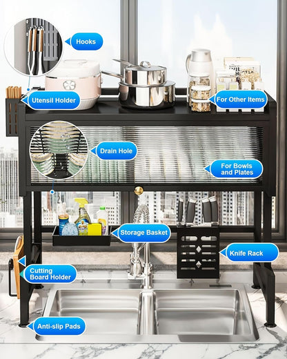 Dish Drying Rack, 3-Tier Over Sink Dish Drying Rack, 33.5" Over Sink Dish Rack for Small Kitchen, Space-Saving Dish Rack with Cover, Baskets, Utensil, Large Sink Storage Organizer Black